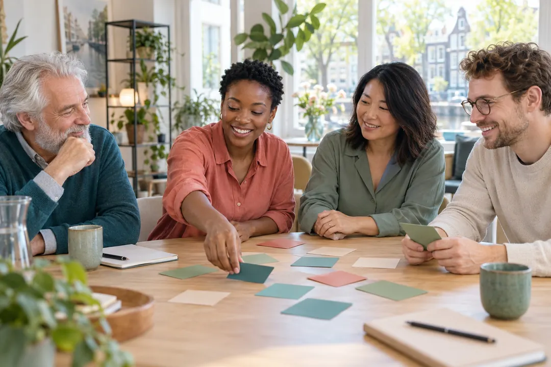 Team bespreekt kaarten rond een tafel