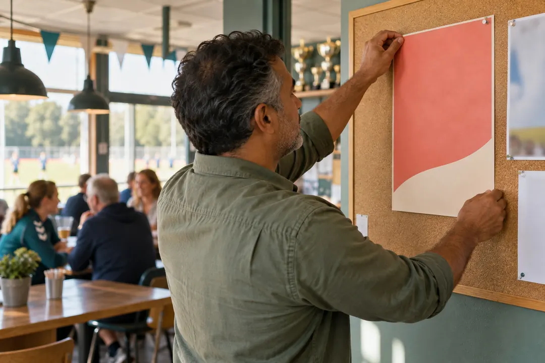 Poster wordt opgehangen aan een prikbord in de kantine