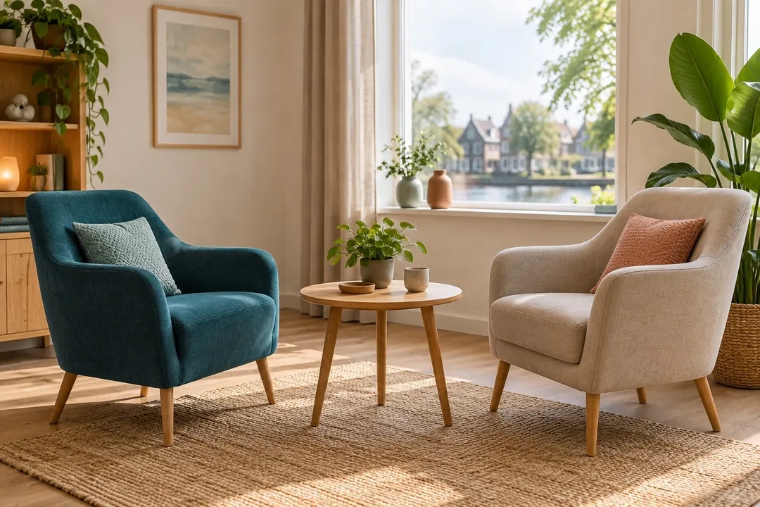 Rustige spreekkamer met twee stoelen en een klein tafeltje