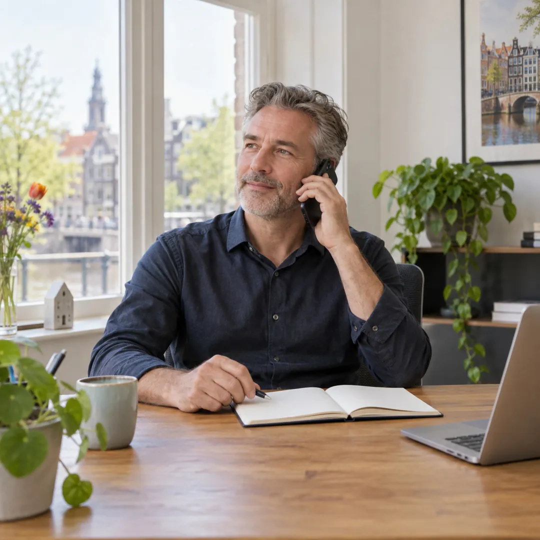 Man belt rustig vanaf zijn bureau, met een notitieboek voor zich