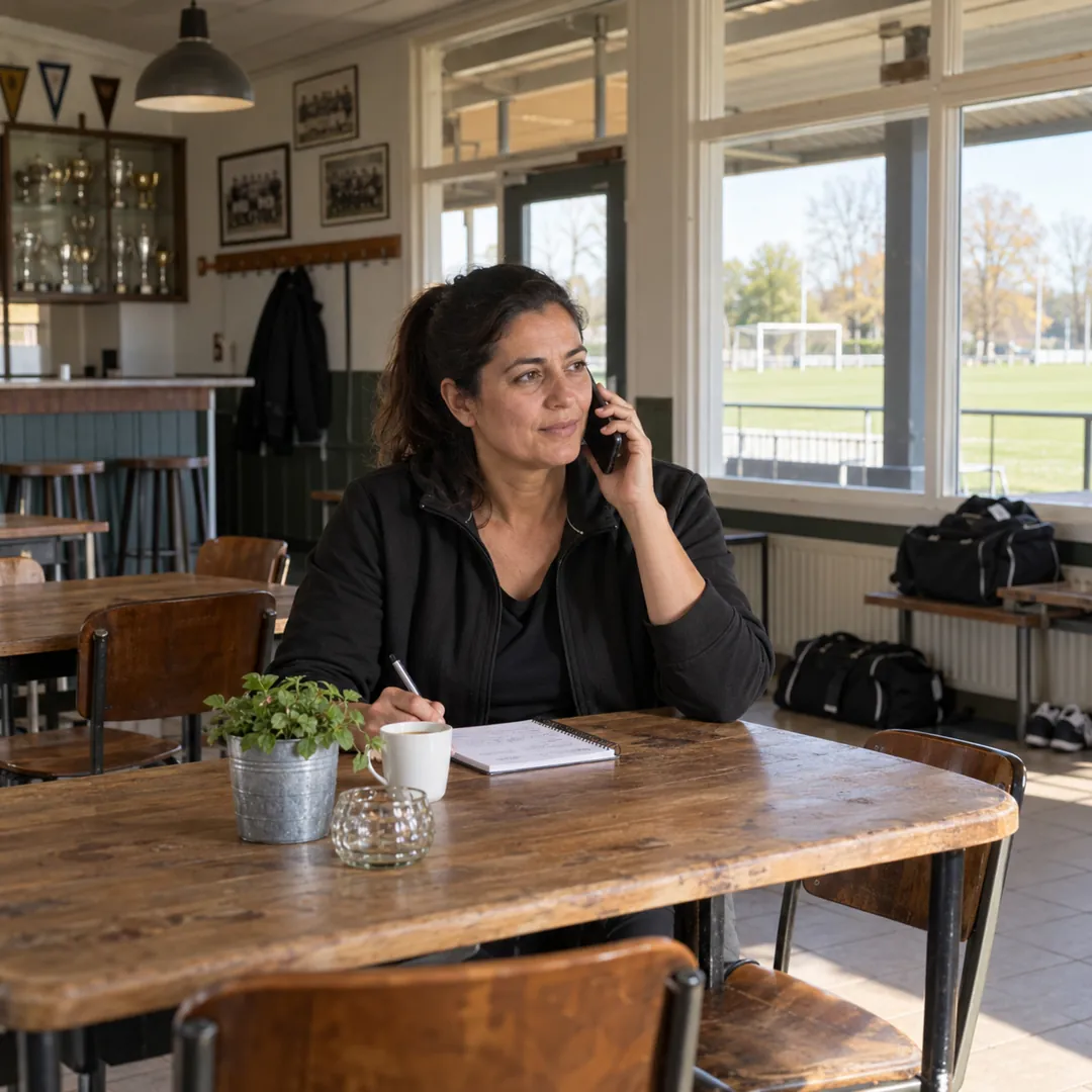 Bestuurslid van een sportclub belt in de kantine