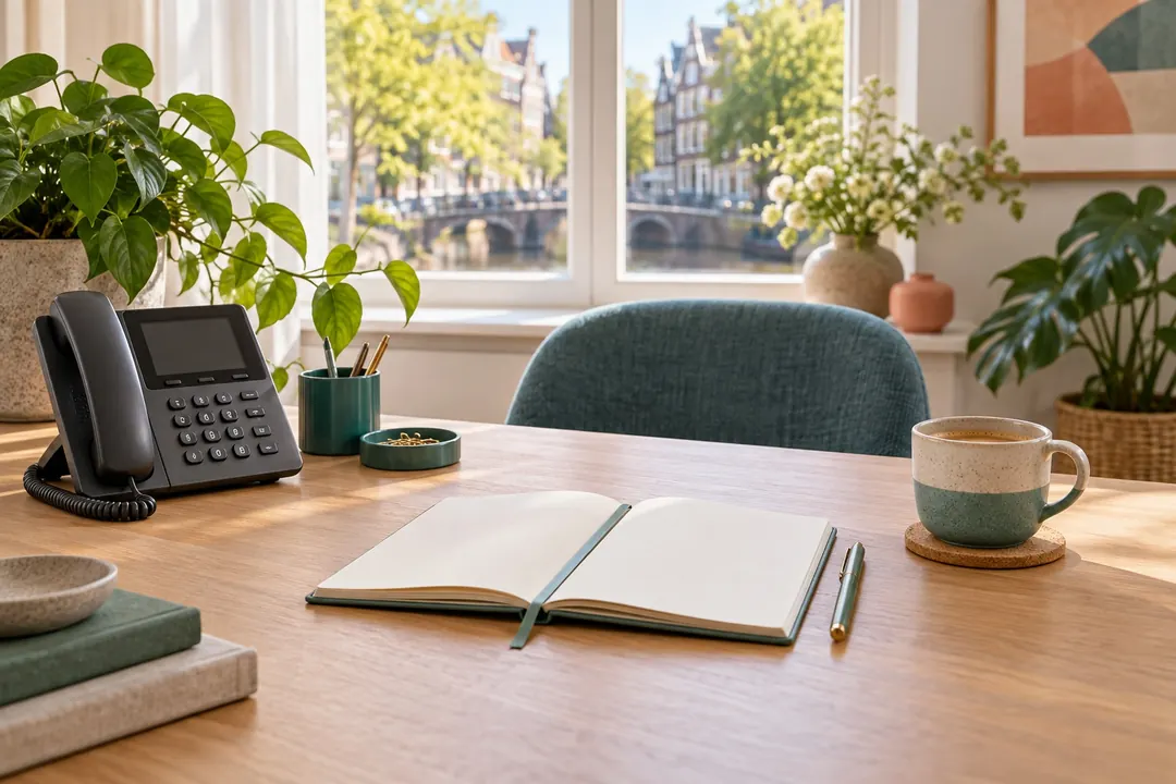 Lichte werkplek met een telefoon, een opengeslagen notitieboek en een kop koffie op een houten tafel