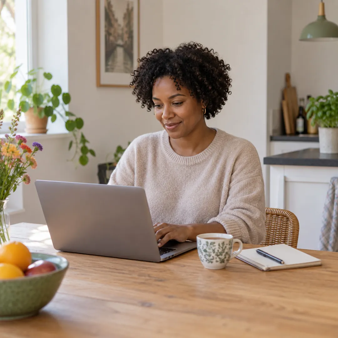 Vrouw schrijft een mail op haar laptop aan de keukentafel