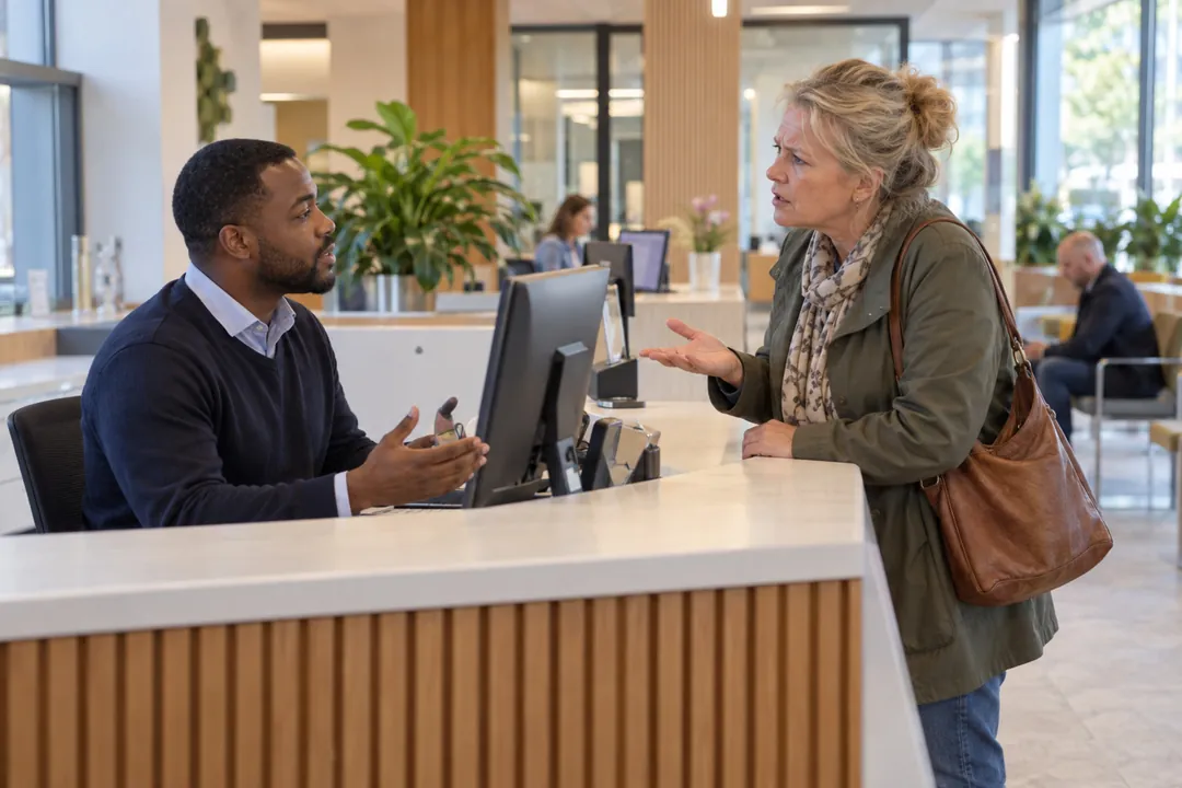 Baliemedewerker blijft kalm in gesprek met een geïrriteerde bezoeker