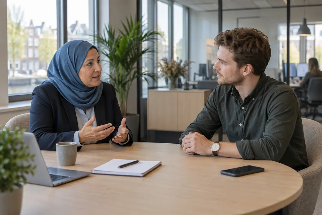 Leidinggevende luistert aandachtig in een gesprek met een medewerker