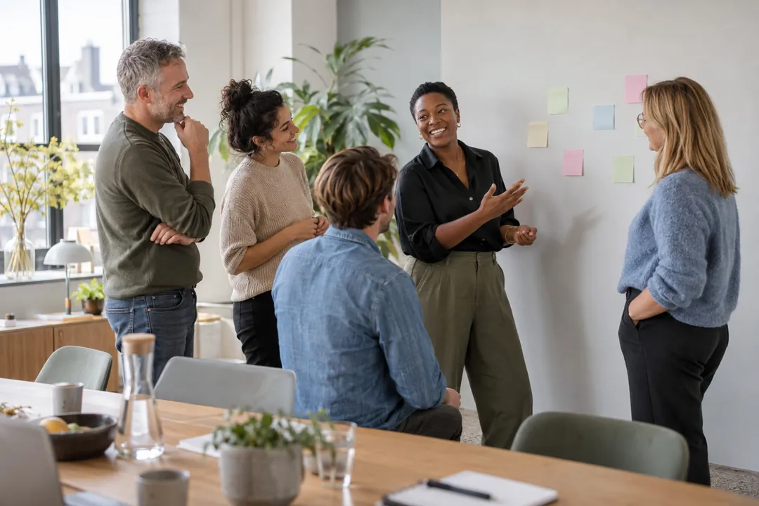 Team bespreekt in een workshop briefjes op de muur