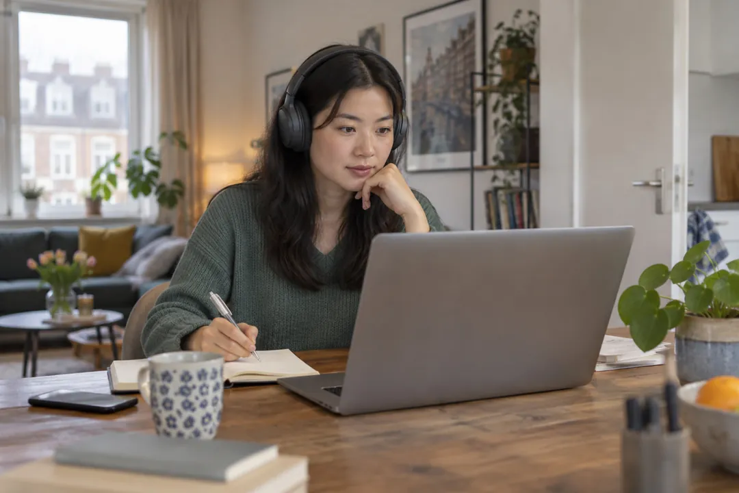 Vrouw volgt thuis een online cursus met een koptelefoon op