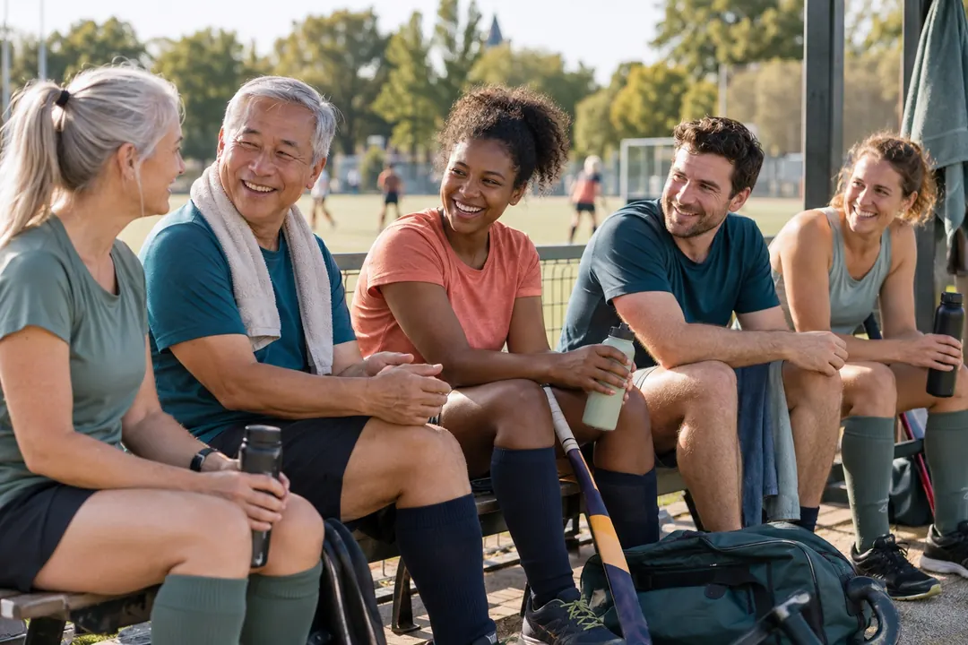 Volwassen sportteam zit samen op de bank langs het veld