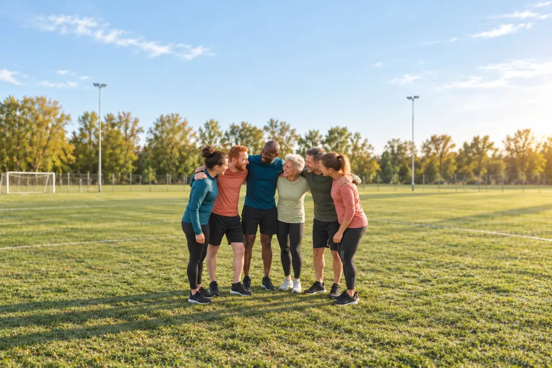 Sportteam staat in een kring met de armen om elkaar heen