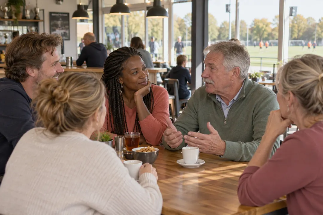 Groep mensen in gesprek in een sportkantine