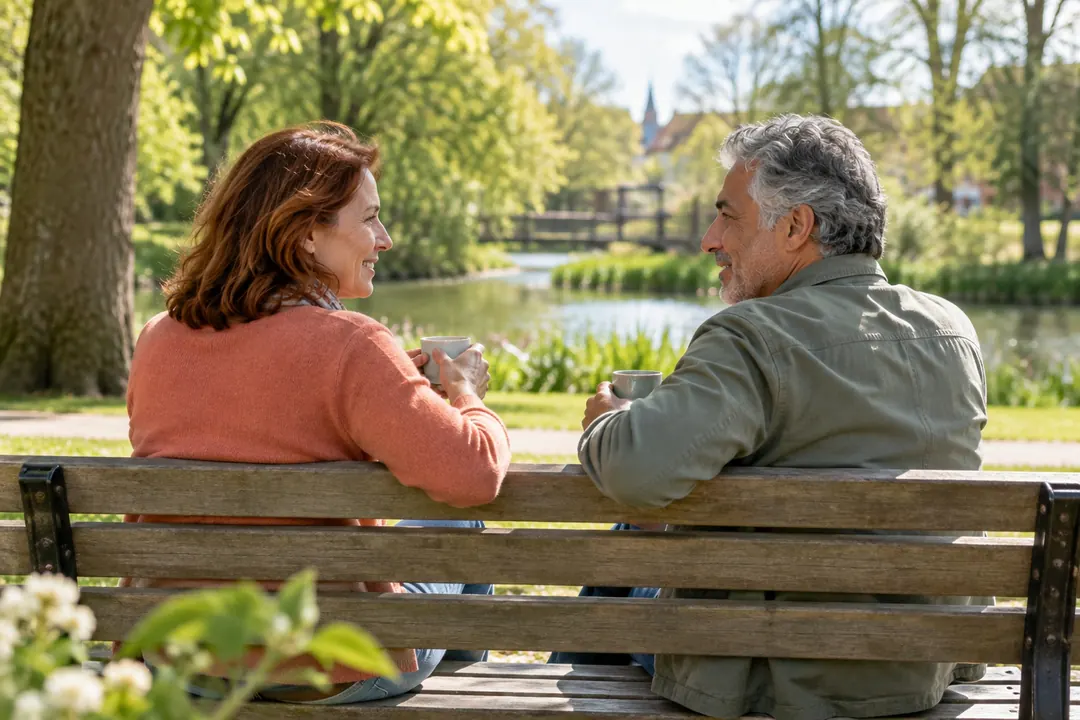 Twee mensen praten rustig met elkaar op een bankje