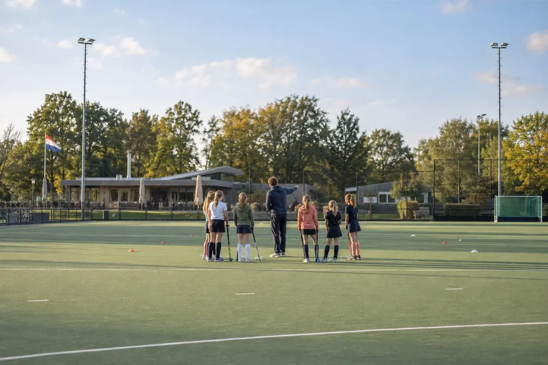 Een hockeyteam met trainer op een kunstgrasveld