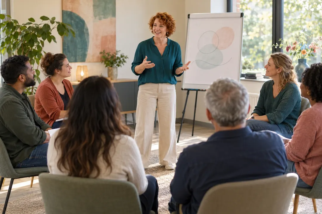 Trainer staat bij een flip-over en vertelt iets aan een groep deelnemers in een lichte zaal