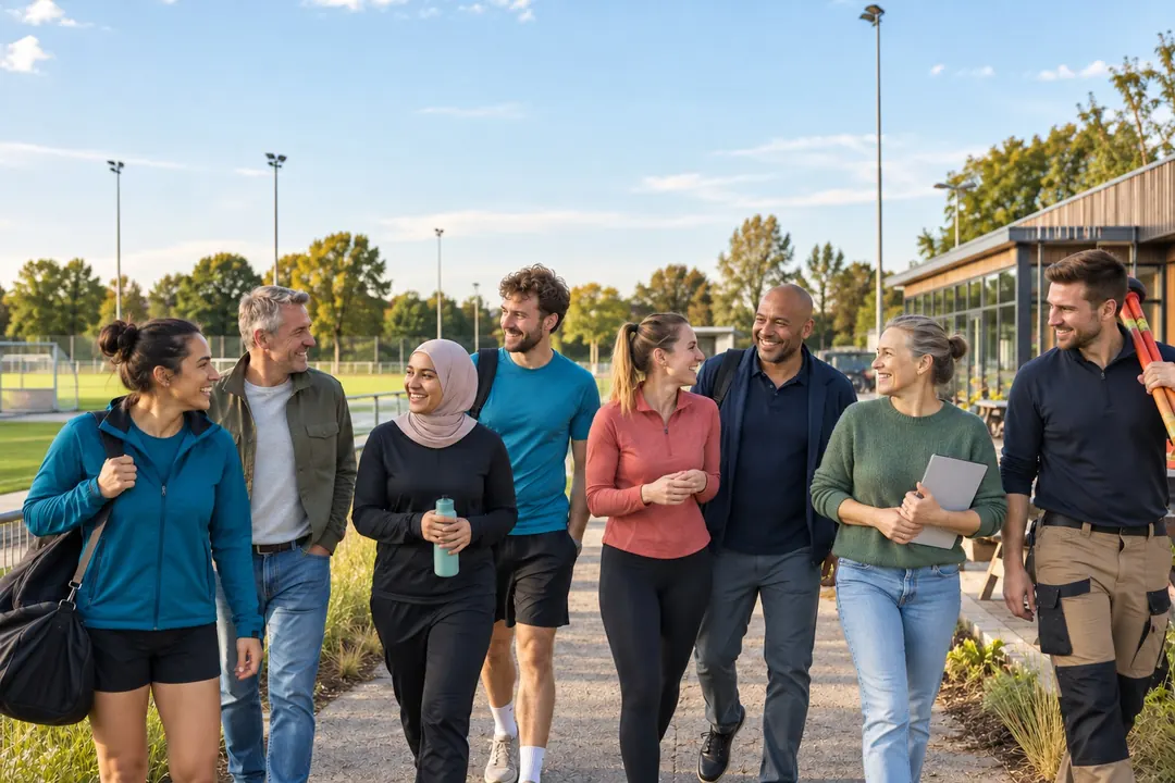 Groep mensen in sport- en werkkleding samen buiten