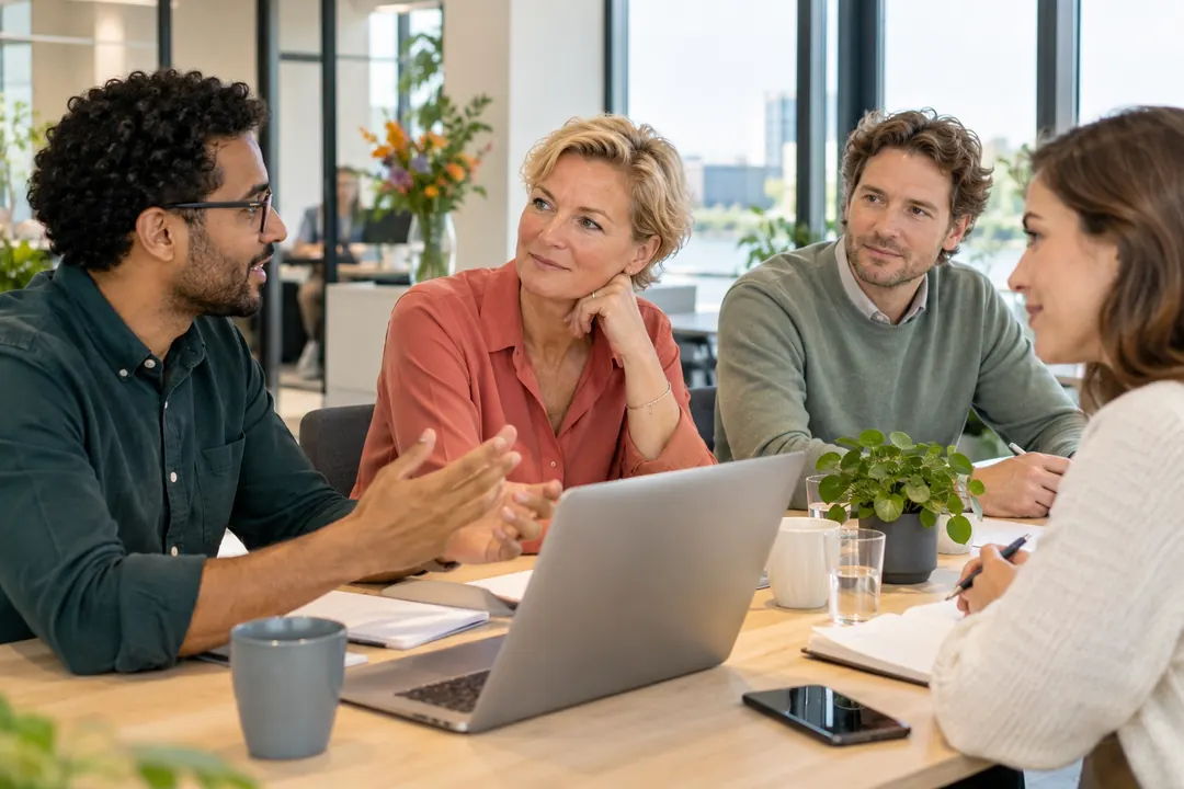 Collega's overleggen aan tafel in een licht kantoor, een van hen legt iets uit