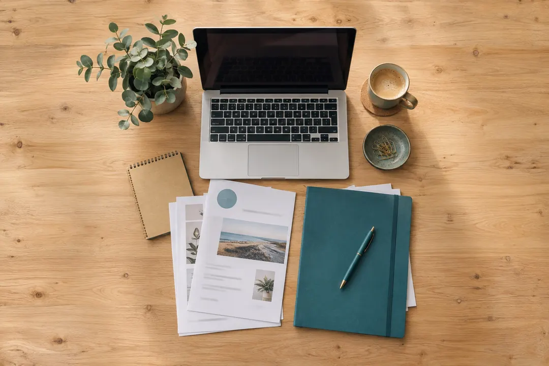 Bureau met documenten, een map en een laptop