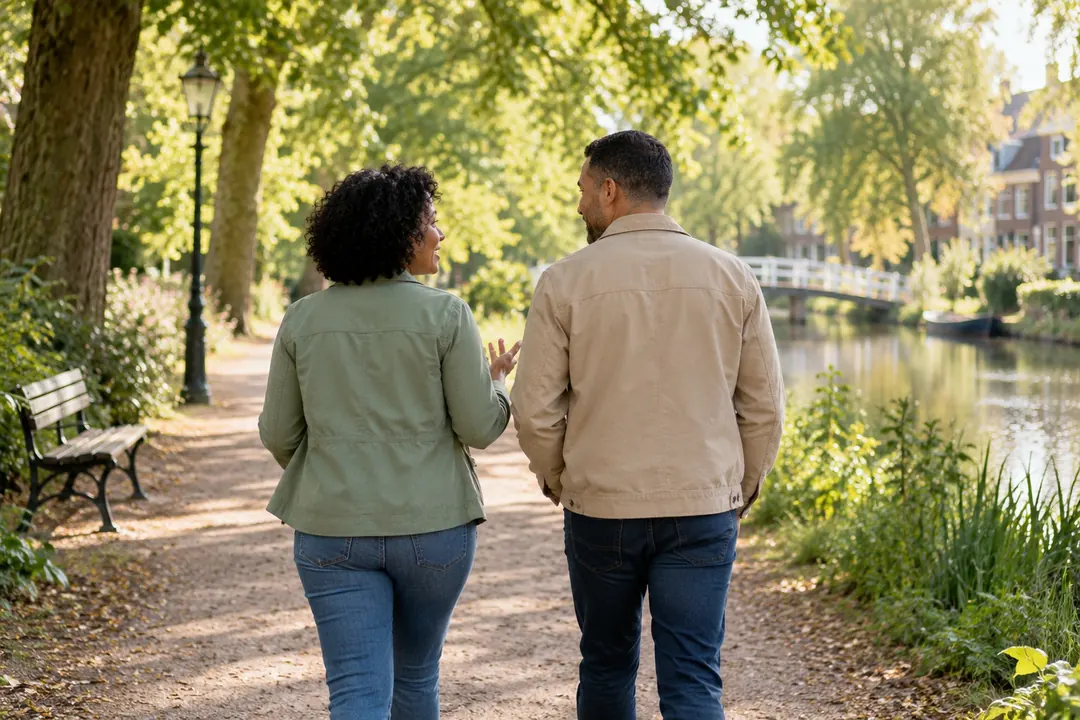 Twee vrienden wandelen pratend door een park