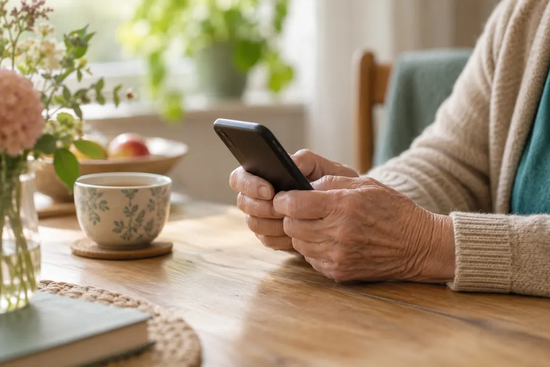 Handen met een telefoon naast een kop thee