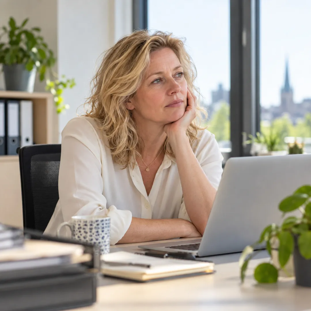 Vrouw kijkt even voor zich uit achter haar laptop