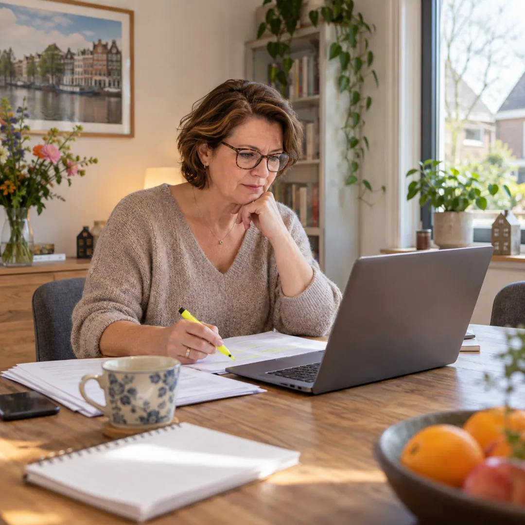 Vrouw leest een wettekst en markeert iets met een markeerstift