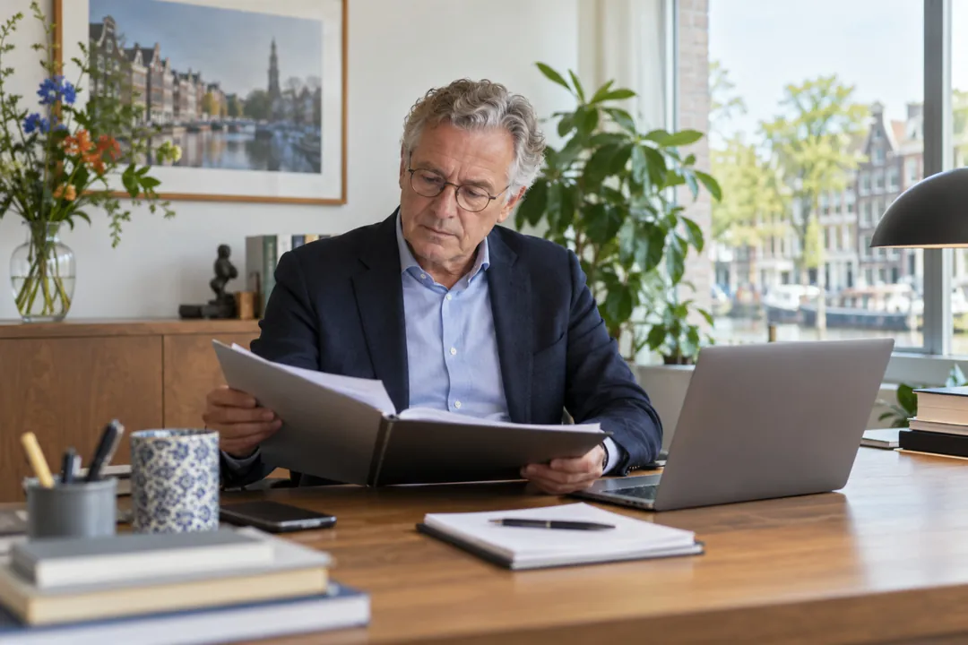 Man bladert aan zijn bureau door een map met documenten