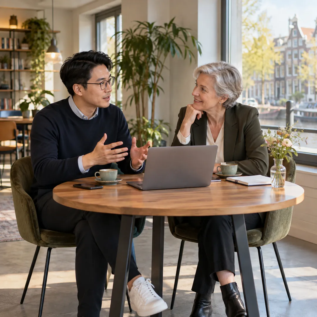 Twee professionals overleggen aan een ronde tafel met een laptop