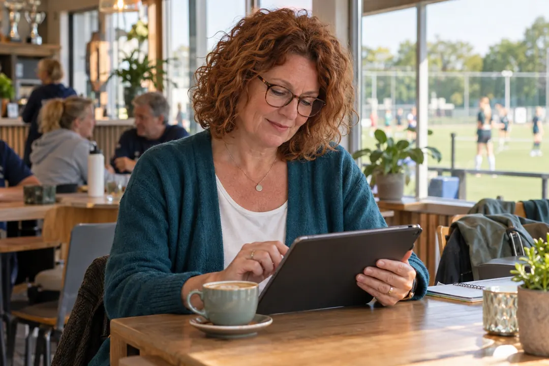 Vrouw vult in de kantine van een sportclub iets in op een tablet