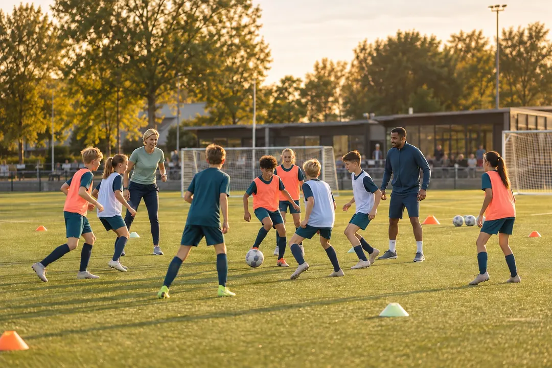 Kinderen doen een voetbaltraining op een zonnig veld, twee trainers begeleiden ze