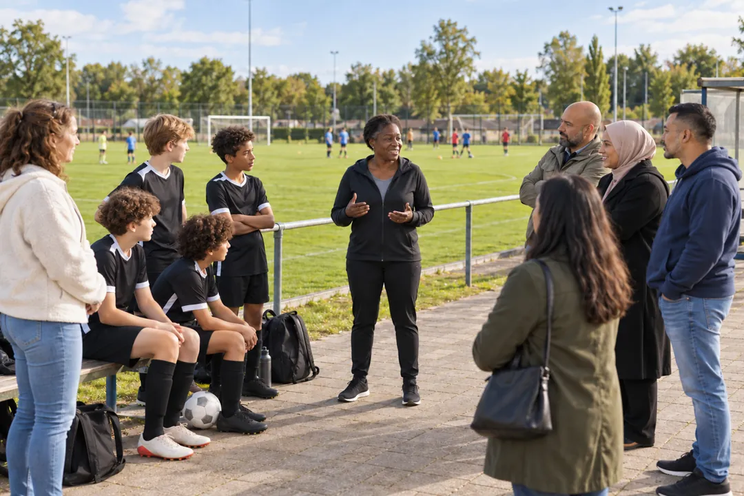 Vertrouwenscontactpersoon stelt zich langs het veld voor aan een jeugdteam en ouders