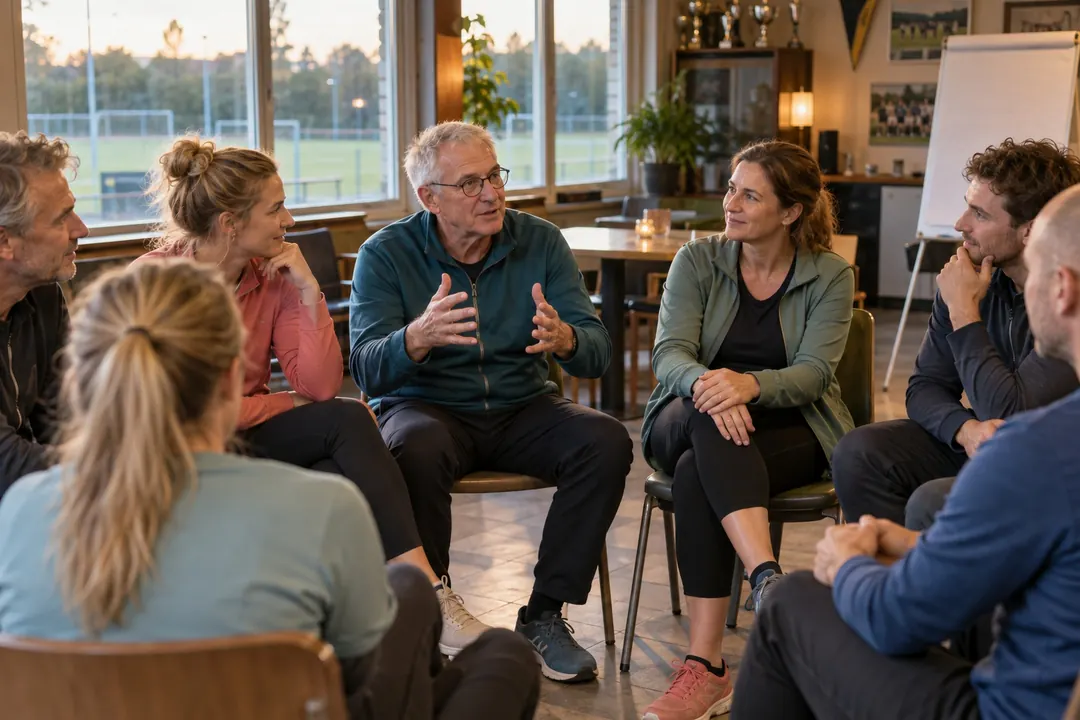 Trainers en vrijwilligers van een club zitten in een kring en praten met elkaar