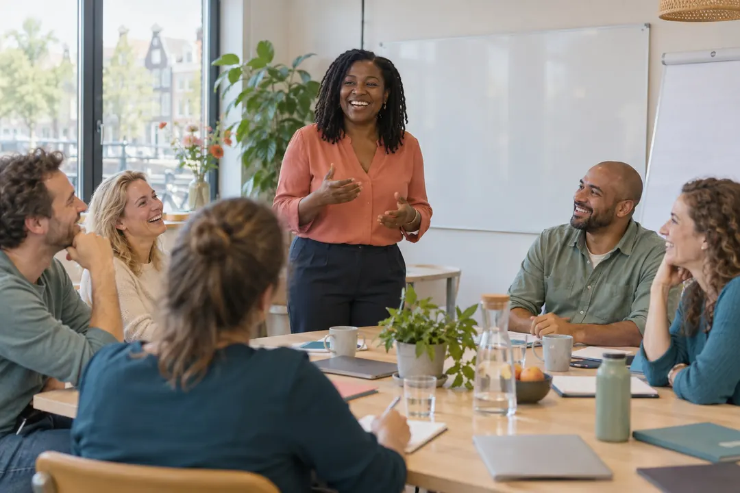 Trainer staat voor een groep leidinggevenden die samen lachen