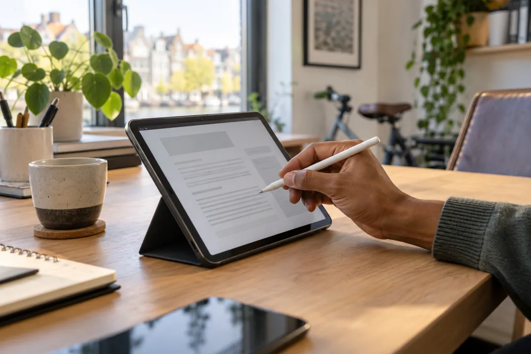 Hand werkt met een pen een document bij op een tablet