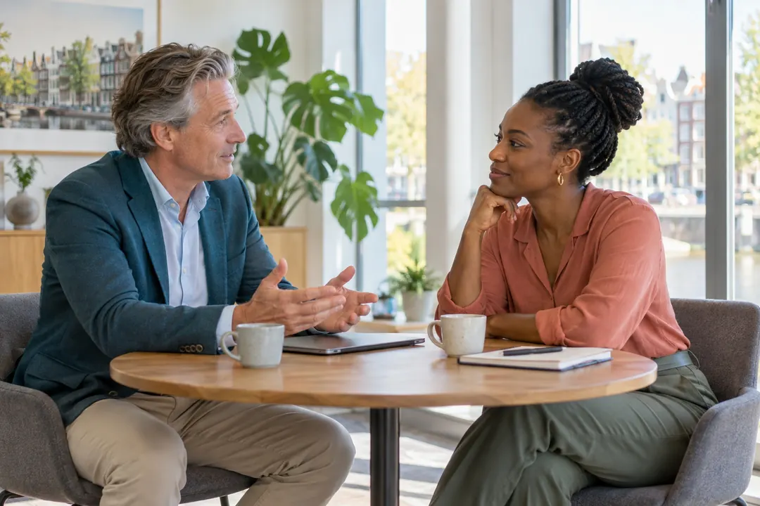 Leidinggevende en medewerker in een rustig gesprek onder vier ogen, met koffie op tafel