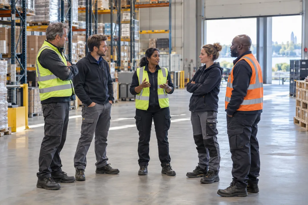 Team in werkkleding overlegt staand in een magazijn