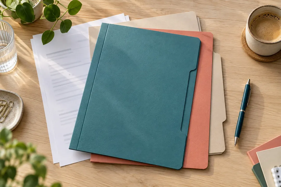 Mappen en documenten liggen netjes naast elkaar op een tafel