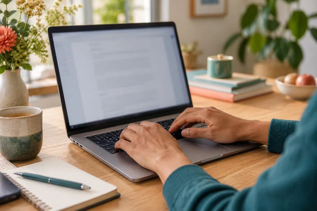 Iemand werkt aan een laptop aan een houten tafel, met een kop thee en een notitieboek ernaast